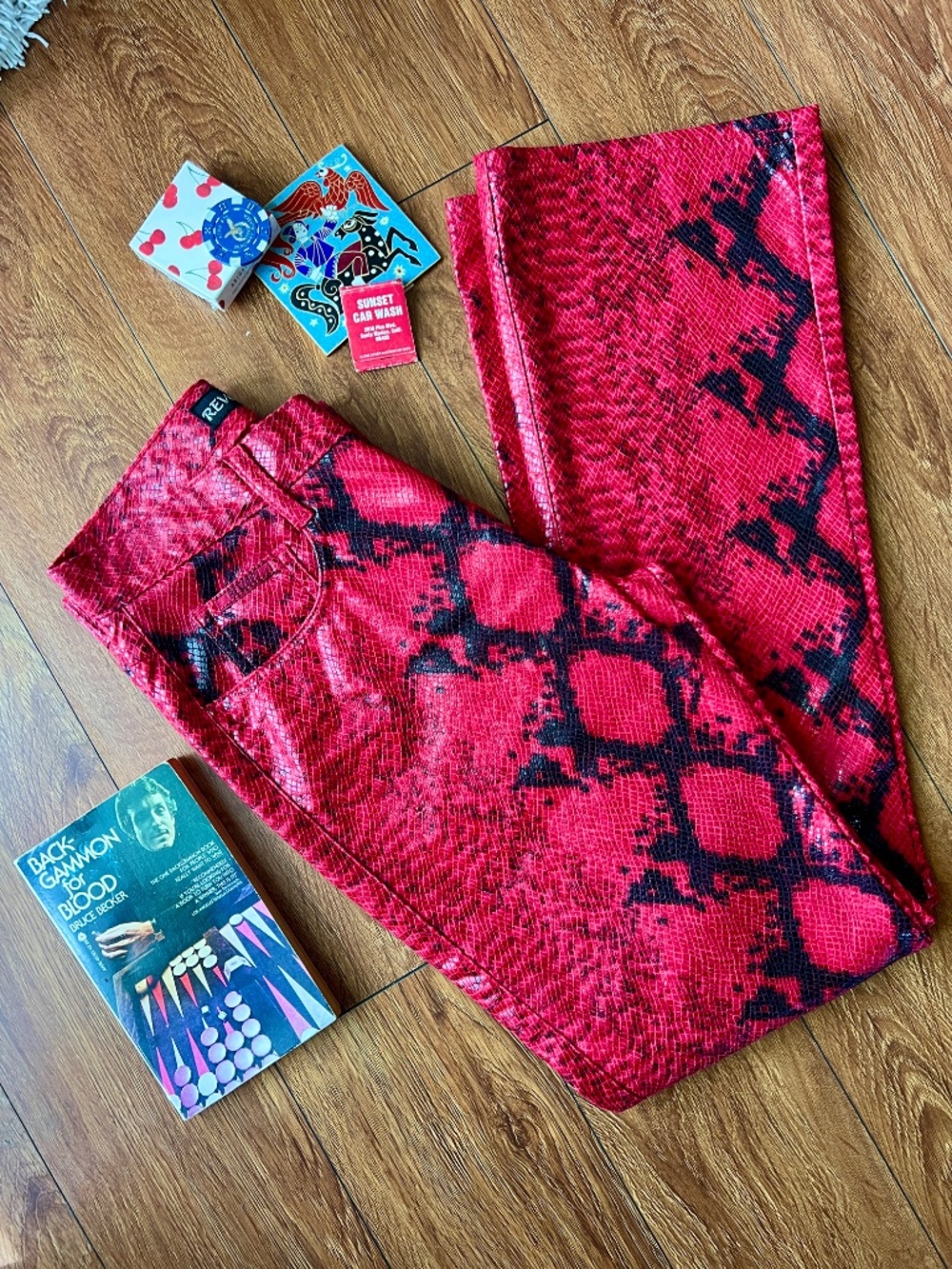 Y2K Red and Black Snakeskin Print Bootcut Pants